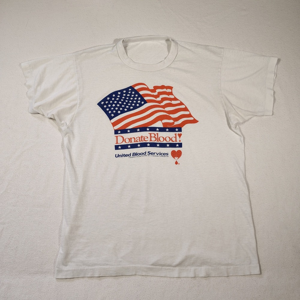 Vintage Single Stitch T-Shirt White Cotton Paper Thin 80s United Blood Services